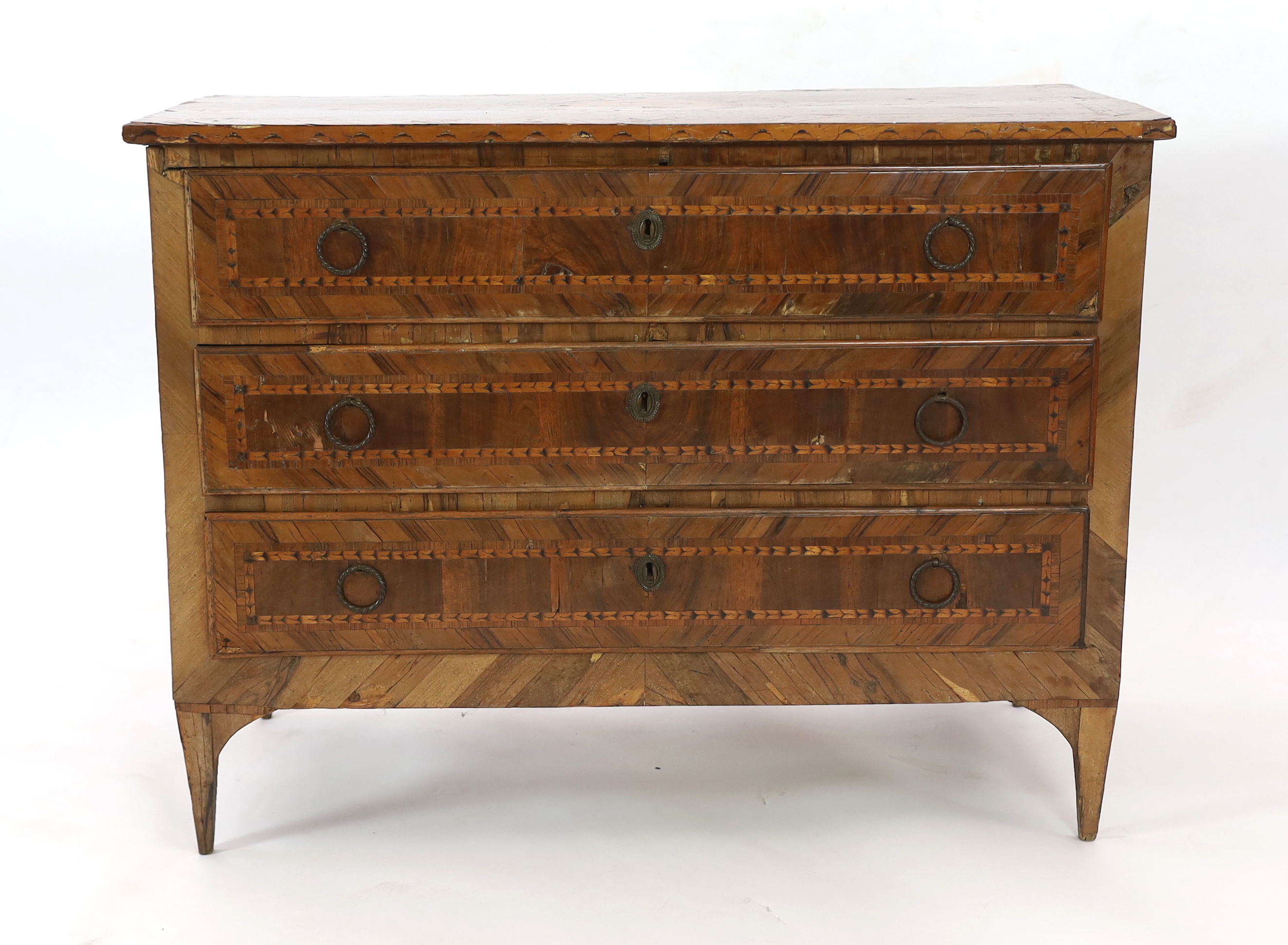 A late 18th century Italian olive wood and parquetry commode